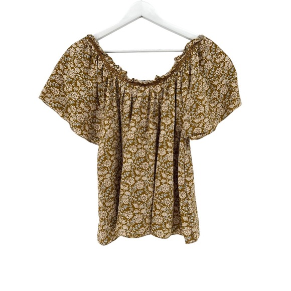 Faherty Blouse Womens Small Brown Floral Linen Blend Boho Peasant Ruffle Smocked - Picture 10 of 10